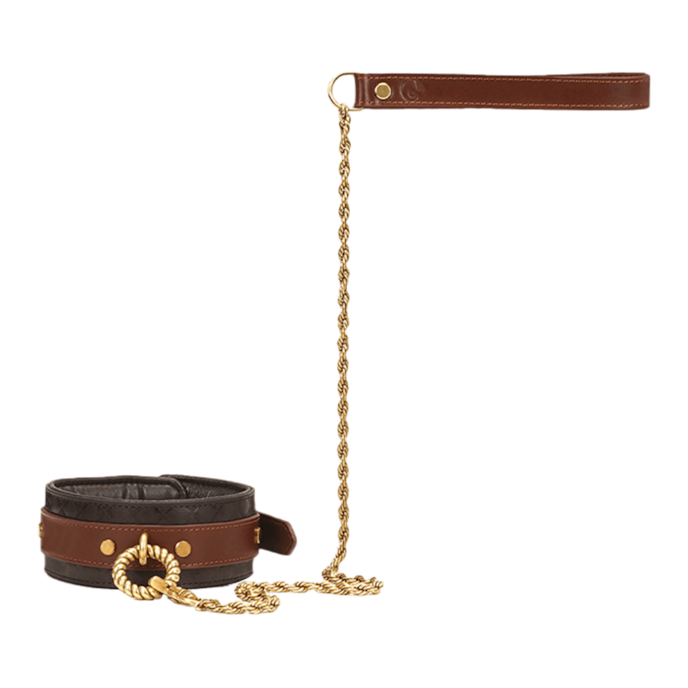 leren-halsband-met-riem-Braun-Goud-Schwarz-1
