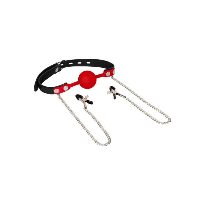 bâillon-boule-avec-pinces-à-tétons-Argent-Noir-Rouge-1