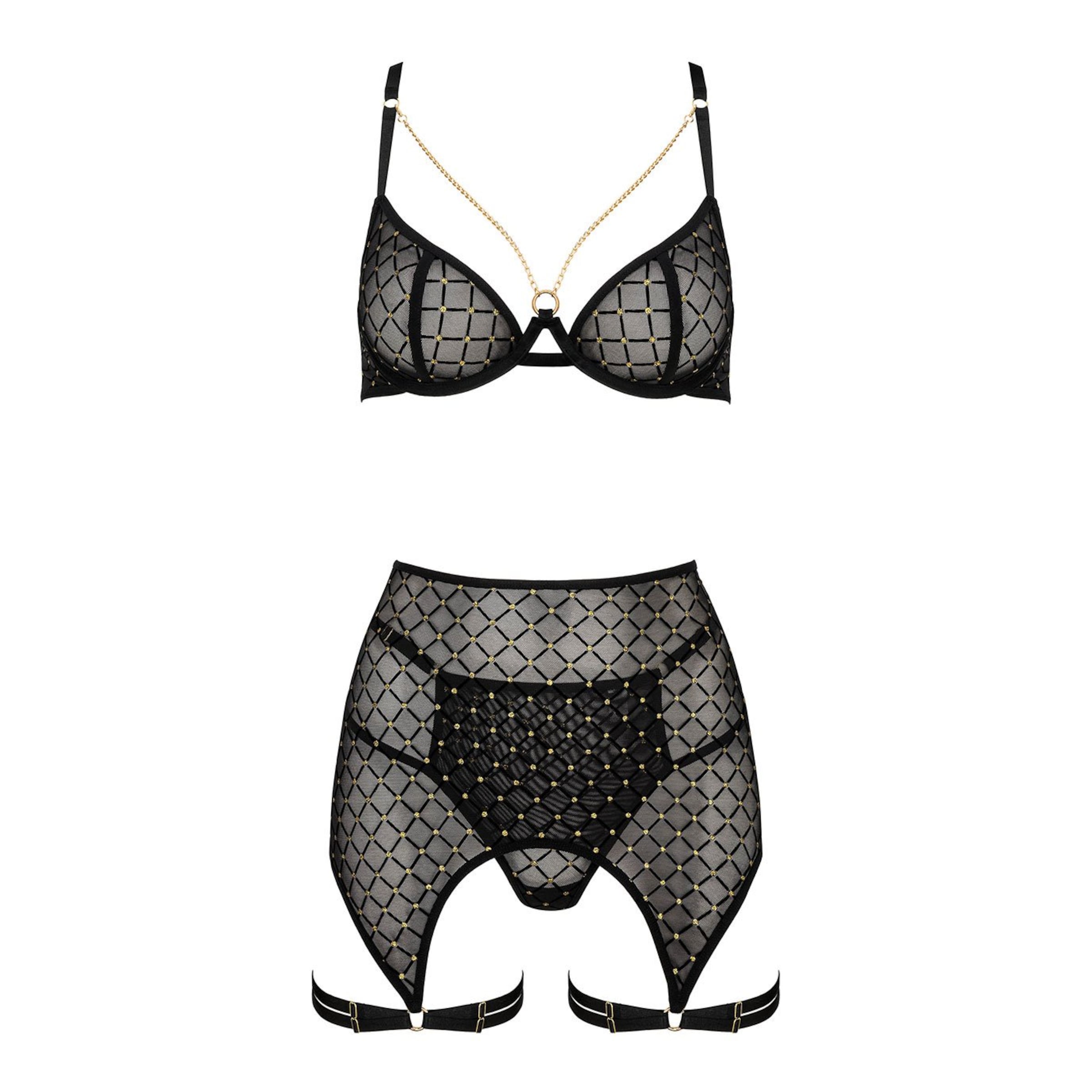 Raffiniertes 3-teiliges Dessous-Set mit edlem Tüll und goldenen Stickereien